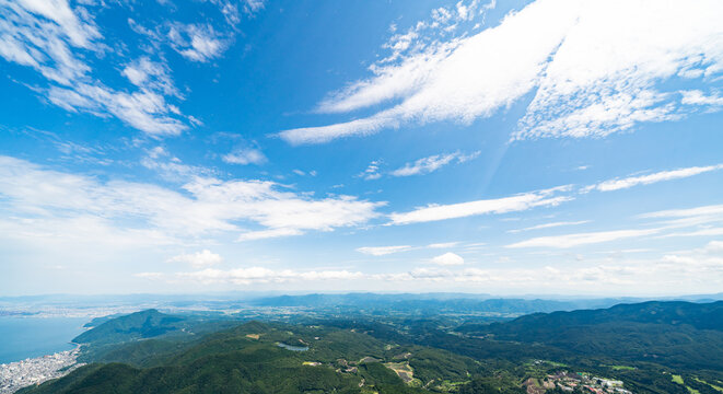 Panoramic aerial view of Beppu city and Beppu bay under blue sky with clouds from mountain viewpoint in Oita Japan