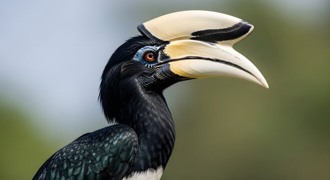 Oriental Pied Hornbill bird profile with striking casque against soft bokeh background natural light