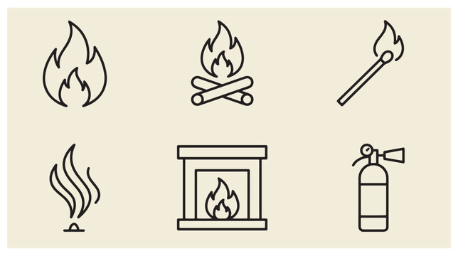 Collection of simple outline fire and heating related icons with fireplace and matchstick fire icon fireplace graphic matchstick sign extinguisher outline bonfire vect