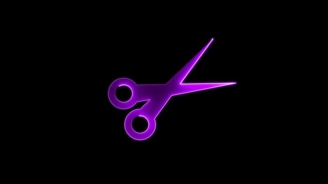 Neon glowing scissor icon collaring animation on black background.