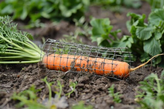 Carrot with a wire mesh cage growing in dark garden soil