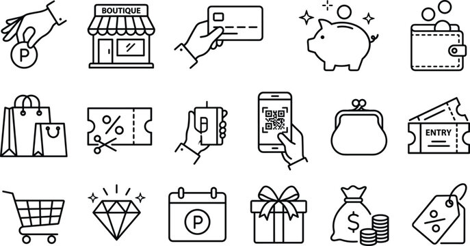 Shopping e-commerce and retail reward line icon set with payment credit card wallet discount bag ticket gift diamond