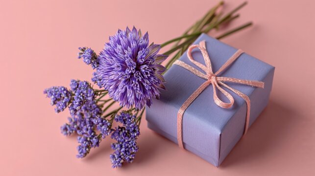 A purple gift box tied with a pink ribbon rests beside purple dried flowers on a pink background.