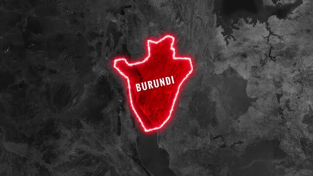 3D Dark Satellite Map Animation Highlighting Burundi with Text Overlay and Waving National Flag