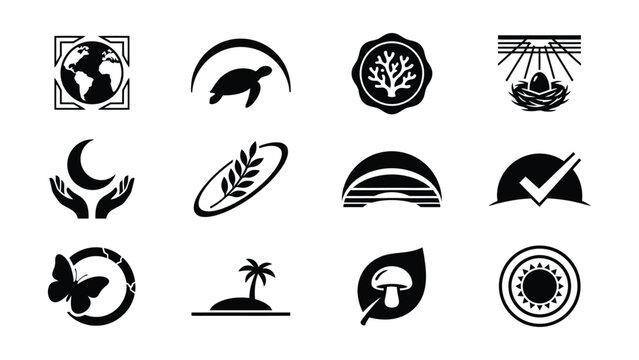 Collection of Black and White Nature and Environmental Symbol Icons with Transparent Background