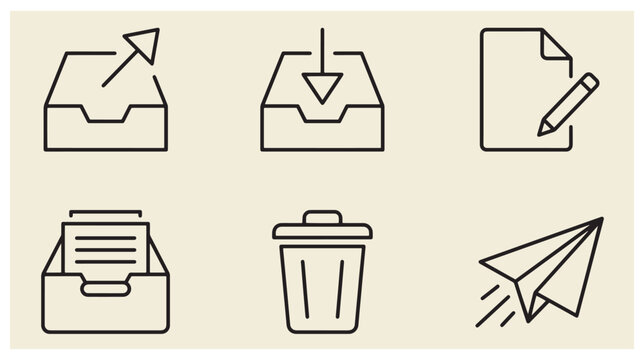 Set of outline icons showing document management and paper airplane communication symbols with icon set file management trash bin inbox icon outbox icon documents fold