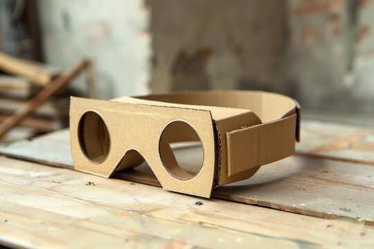 Cardboard vr headset resting on a rustic wooden table, representing accessible innovation