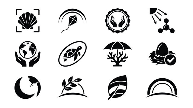 Collection of Black and White Icons Featuring Nature and Environmental Themes