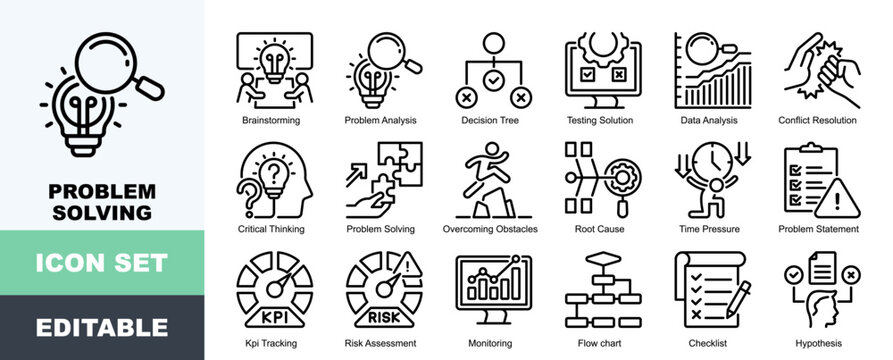 Problem Solving Icon Pack Featuring Brainstorming, Problem Analysis, Decision Tree, Testing Solution, Data Analysis, Conflict Resolution, Critical Thinking
