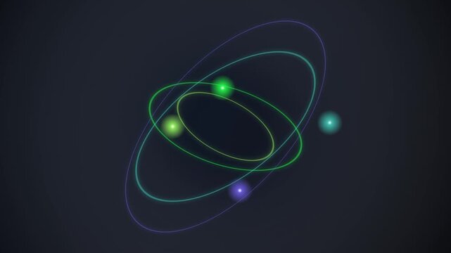 Abstract atom model with glowing particles and orbital rings
