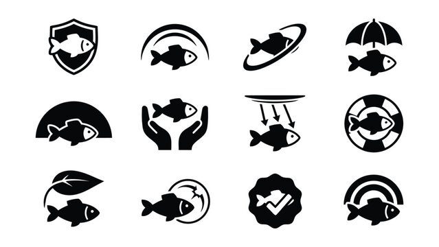 Creative black and white fish icons with various symbolic backgrounds
