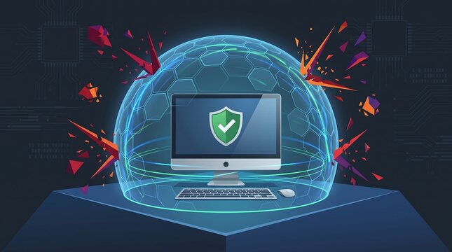 Cyber security concept with computer protected by glowing shield dome against cyber attacks