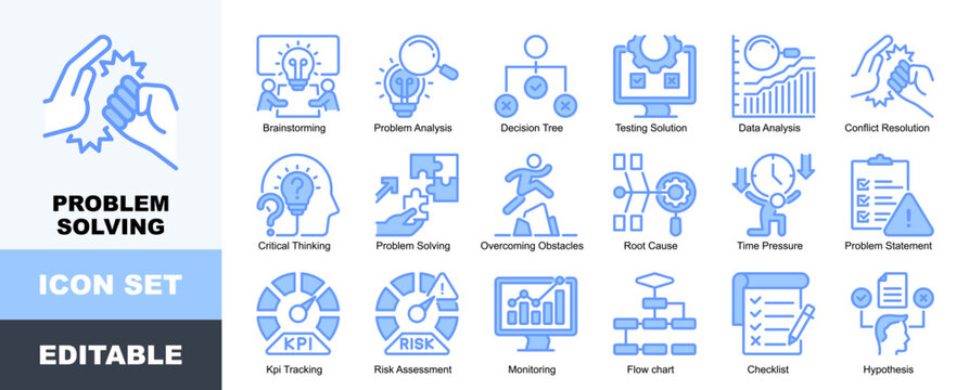 Problem Solving Icon Pack Featuring Brainstorming, Problem Analysis, Decision Tree, Testing Solution, Data Analysis, Conflict Resolution, Critical Thinking