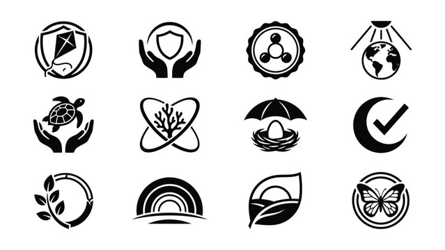 Collection of black line icons depicting nature conservation and environmental protection themes
