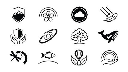 Fototapeta premium Collection of black line icons representing nature and environmental elements