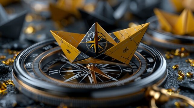 A golden origami paper boat sits atop a detailed compass with a blurred background of similar items.
