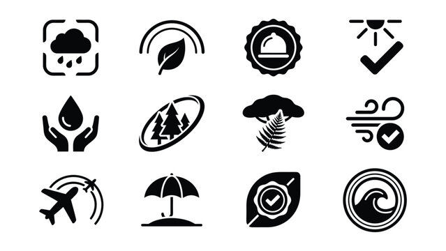 Collection of black line icons representing various weather and nature symbols