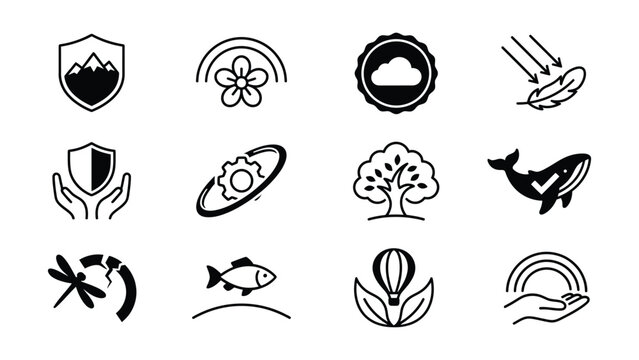 Collection of black line icons representing nature and environmental elements