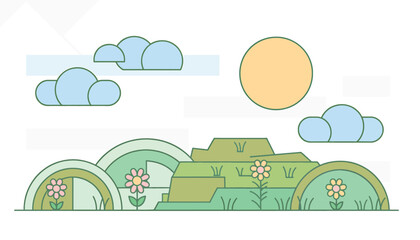 Fototapeta premium Cute cartoon cloud and sun with green landscape scene.