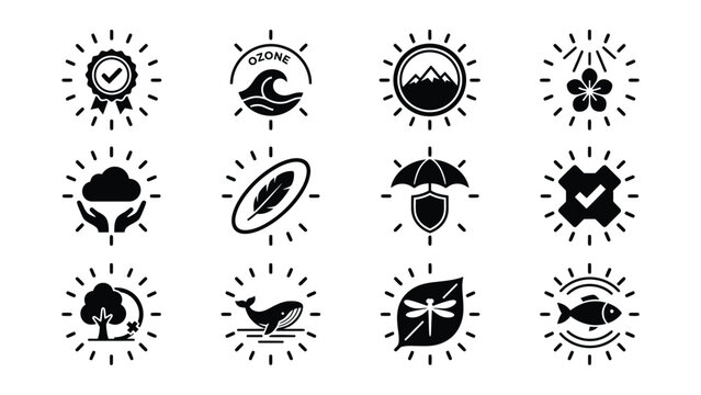 Set Of Twelve Eco Friendly Nature And Environmental Protection Icons With Sunburst Borders