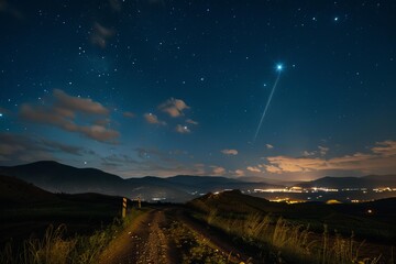 Fototapeta premium Night sky showing a striking shooting star streaking above a scenic mountain range and glowing city lights