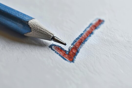 Pencil marking a red and blue checkmark on textured white paper