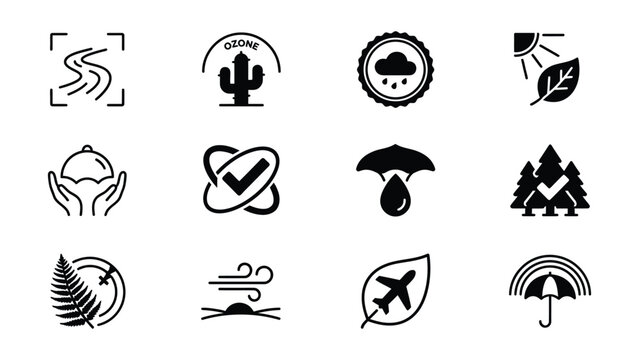 Set of twelve minimalist icons depicting various natural and environmental themes on transparent background