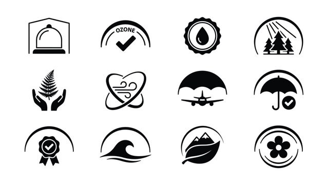 Collection of black line icons representing environmental and natural concepts