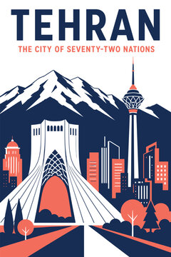 Tehran Cityscape Travel Poster - Azadi Tower and Milad Tower