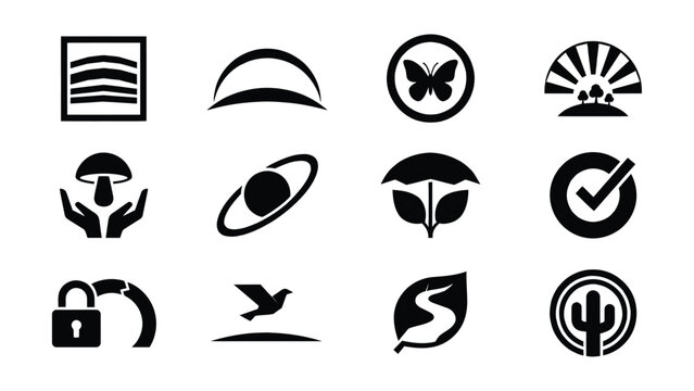 Collection of twelve minimalist icons featuring nature and abstract symbols on transparent background