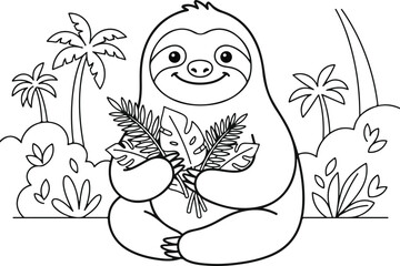 Naklejka premium Cute cartoon sloth sitting and holding tropical leaves, coloring page for kids