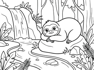 Naklejka premium Cute sloth resting on a rock by a waterfall in the jungle, coloring page for kids
