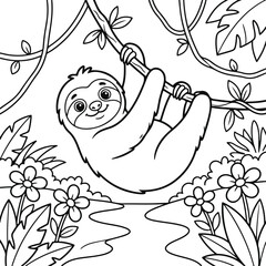 Naklejka premium Cute sloth hanging from a tree branch in the jungle, coloring page for kids