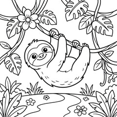 Naklejka premium Cute sloth hanging from a branch with tropical flowers, coloring page for kids