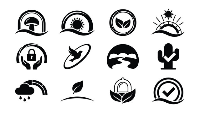 Set of twelve minimalist nature and weather icons with transparent backgrounds