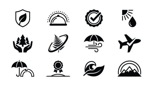 Set of twelve minimalist icons representing nature and environmental protection concepts