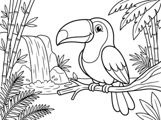 Naklejka premium Coloring page with a cute toucan sitting on a branch near a waterfall