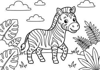 Naklejka premium Cute cartoon zebra walking in the jungle, coloring page for kids