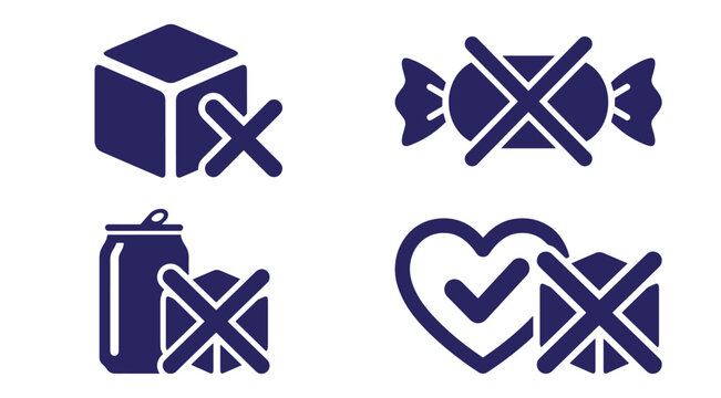 A set of four dark blue showing a cube, a candy, a soda can, and a heart with a checkmark, all marked with an x to indicate no sugar