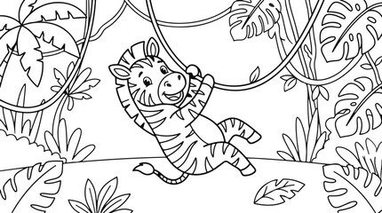 Naklejka premium Cute cartoon zebra swinging on a jungle vine, coloring page for kids