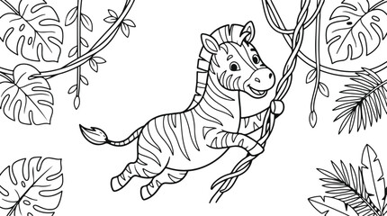 Naklejka premium Cute cartoon zebra swinging on a vine in the jungle, coloring page for kids