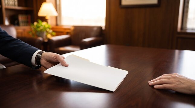 Professional hands exchanging important documents across a dark office desk