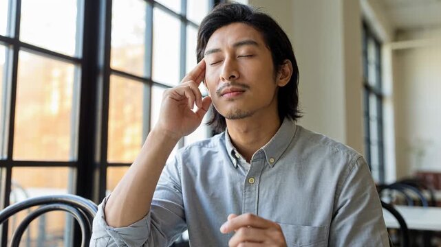 Closing eyes, man wearing gray shirt touching temple at cafe, reflecting, smartphone on table
