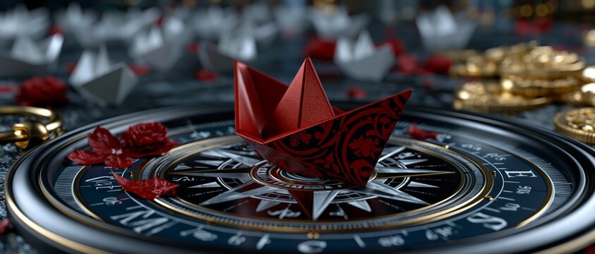 A red origami boat sits on a compass surrounded by coins and blurred boats in the background.