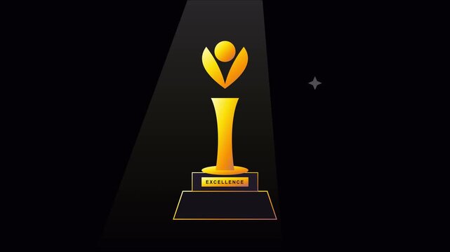 Golden excellence trophy animation on 4k black background, for corporate achievement, and success recognition