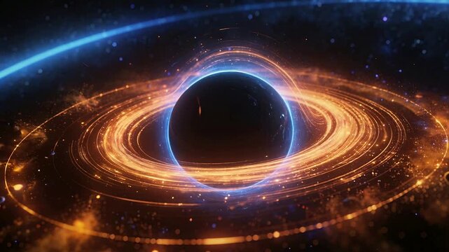 Zooming camera revealing dark orb in space with blue photon ring, orange bands and sparks growing