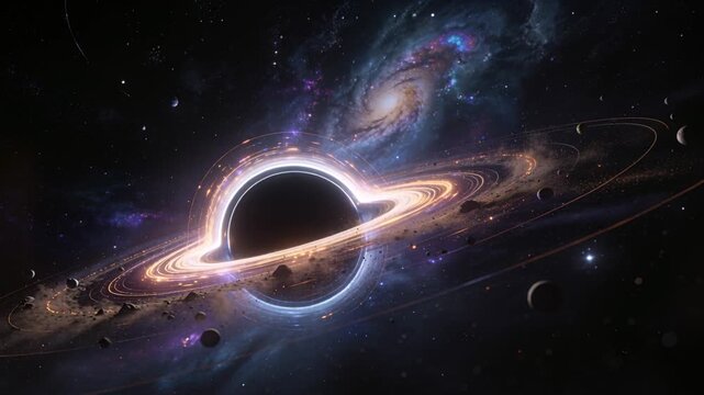 Panning camera showing black hole in space, ring rotating, debris arcing inward, gravity pulling