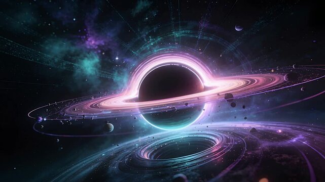 Starting sequence showing central dark sphere rotating with glowing pink ring and debris for motion