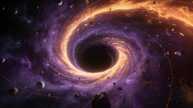 Rotating central dark void feeding accretion disk, pulling debris inward in space, ejecting sparks