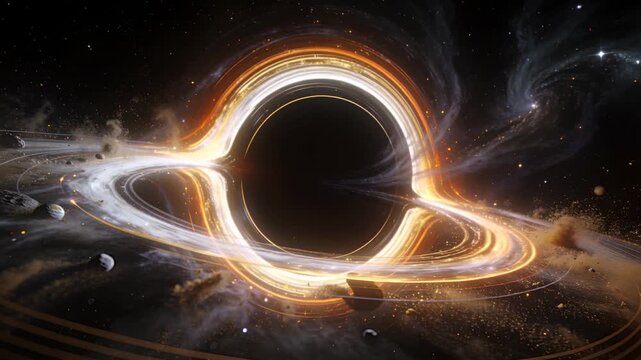 Inflowing gas causing black hole pulling white inner ring, orange outer ring near plane, plasma
